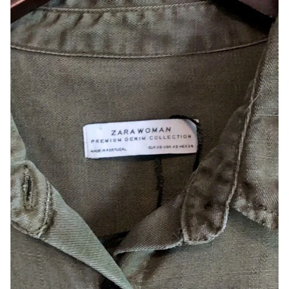 Zara XS Olive Green Denim Dress Button Up Shirt Mini Utility Military Straight